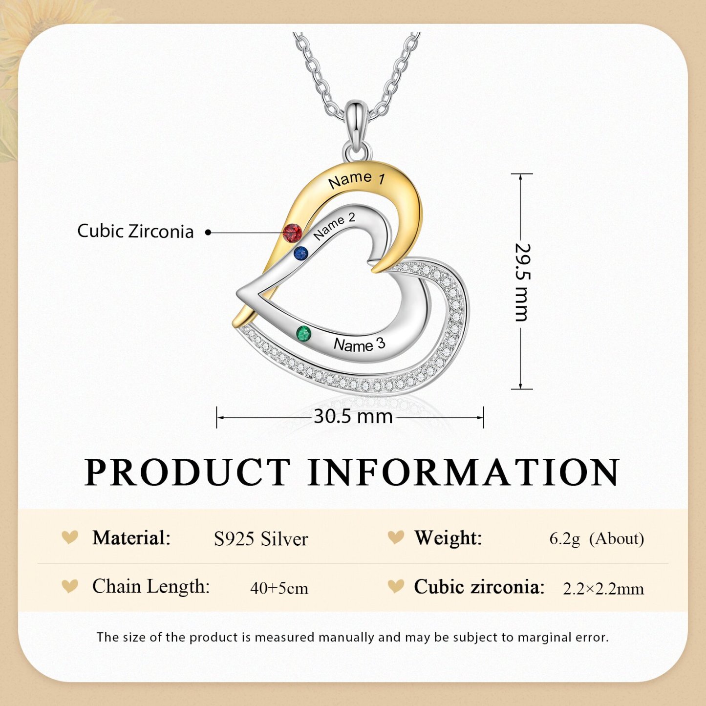 Collar de corazón de plata 925 con 3 nombres y piedras de nacimiento personalizado-Jessemade ES