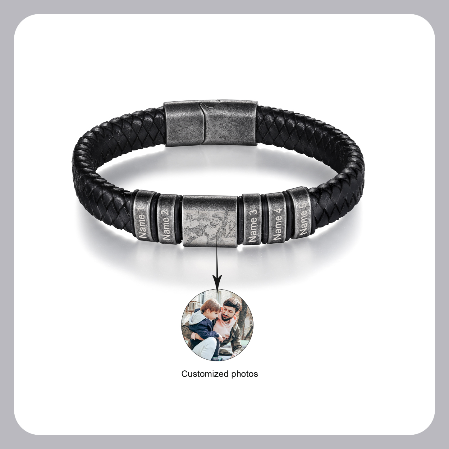 Pulsera 2-5 Nombres en Aros y Foto en Placa Personalizados de Cuero Trenzado