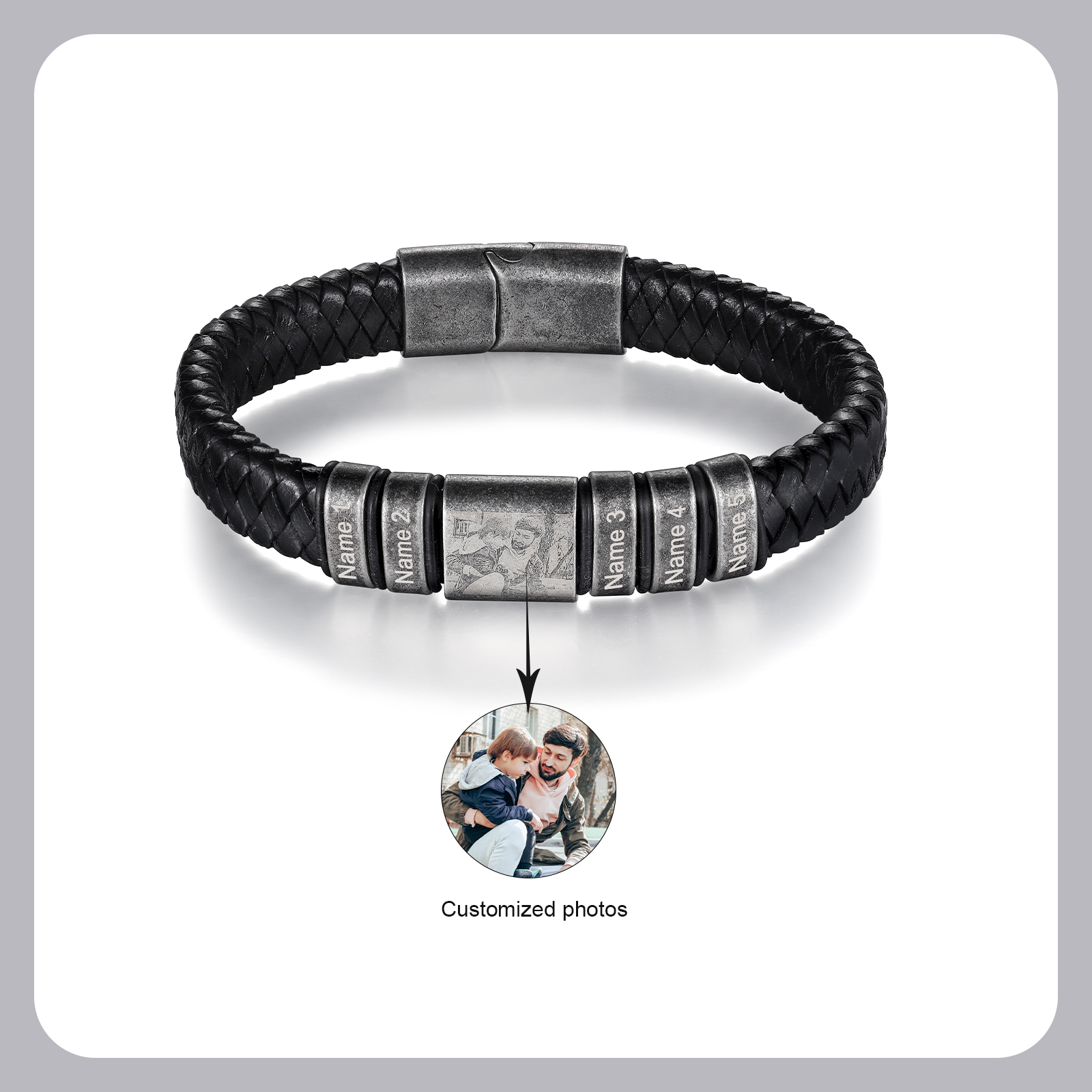 Pulsera 2-5 Nombres en Aros y Foto en Placa Personalizados de Cuero Trenzado
