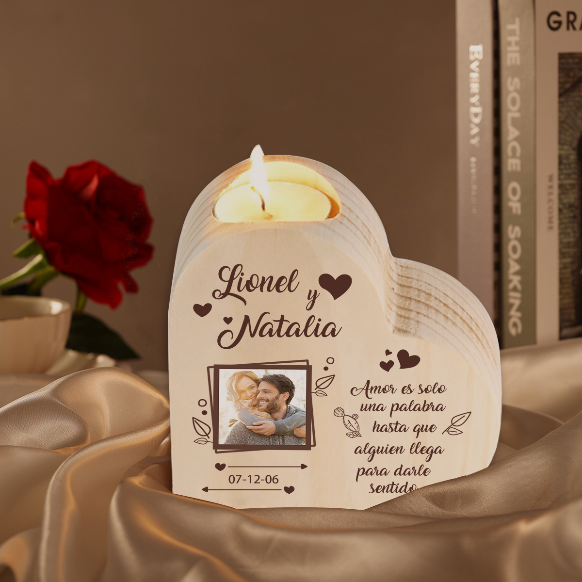 Candelero de madera con foto para pareja sin vela personalizado con texto y fecha-Jessemade ES