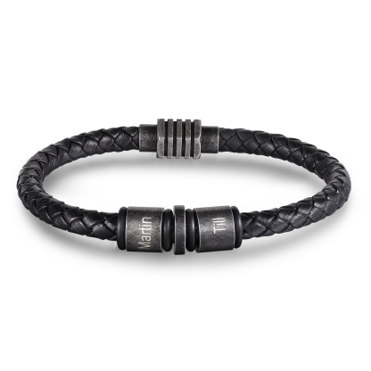 Pulsera de cuero trenzado con 2 aros 2 nombres personalizados pulsera de hombre -Jessemade ES