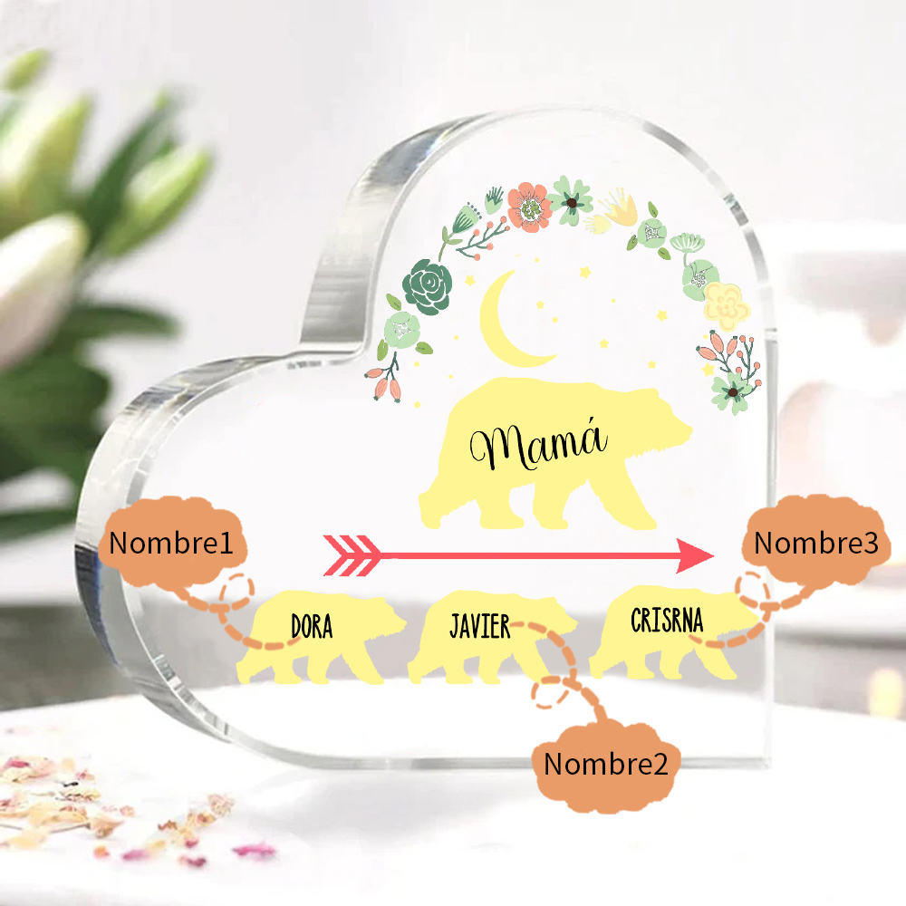 A mi mamá-Placa de acrílico en forma de corazón osos 1-6 nombres personalizados-Jessemade ES