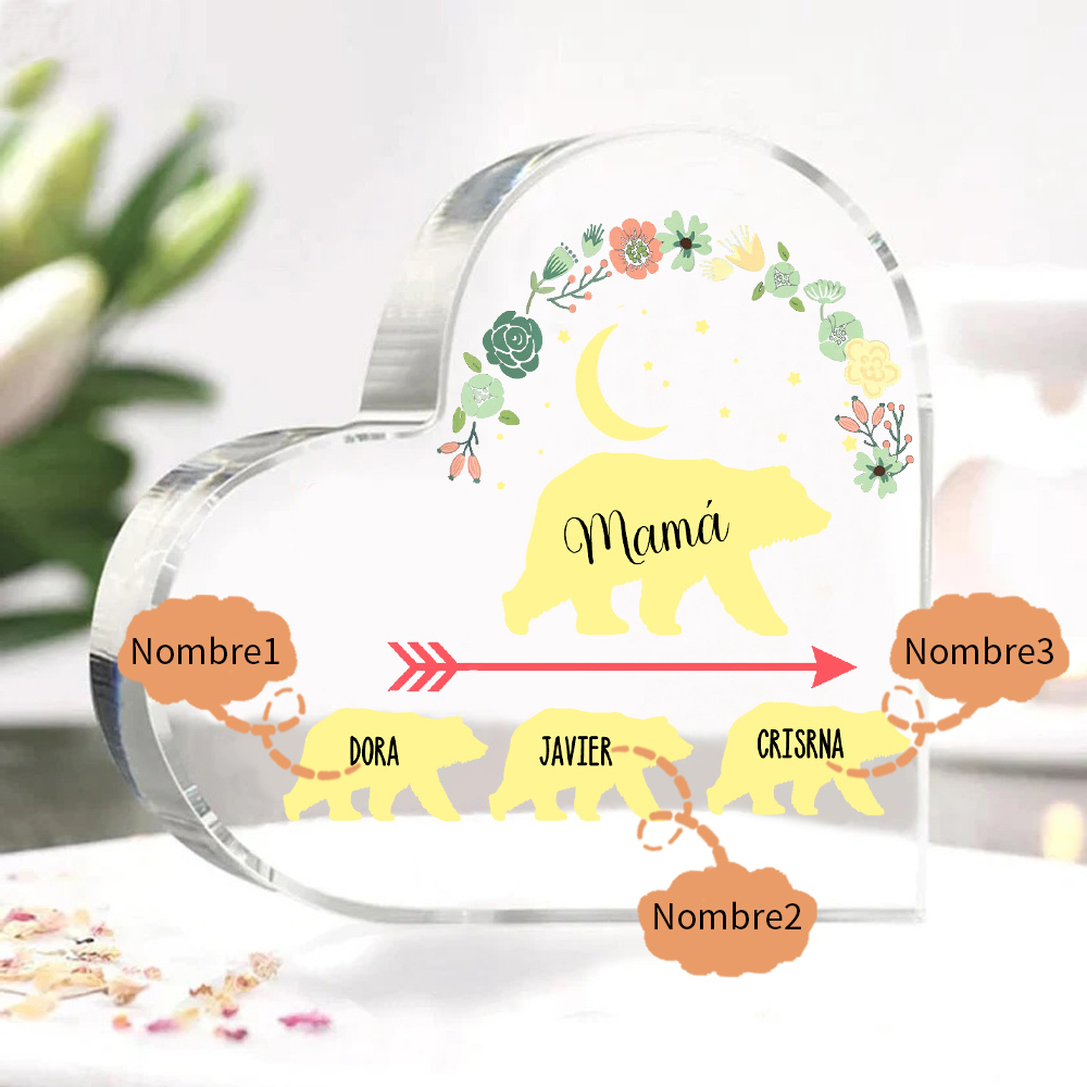 A mi mamá-Placa de acrílico en forma de corazón osos 1-6 nombres personalizados-Jessemade ES