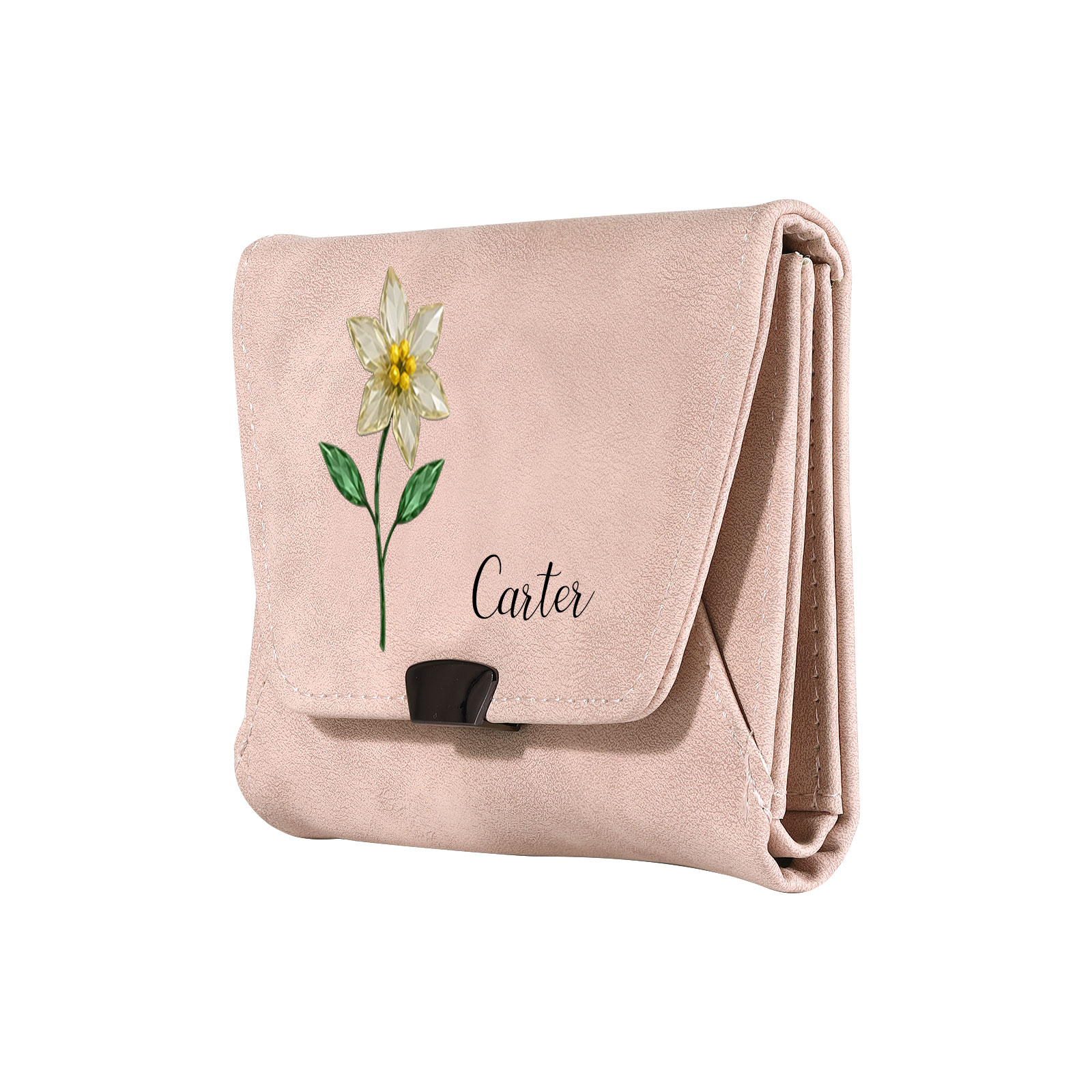 Cartera de cuero personalizada para mujer con flor de nacimiento y nombre