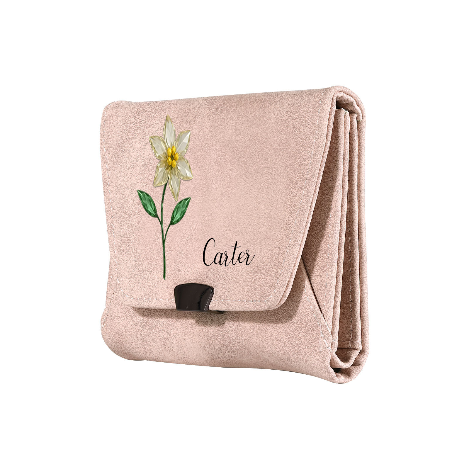 Cartera de cuero personalizada para mujer con flor de nacimiento y nombre