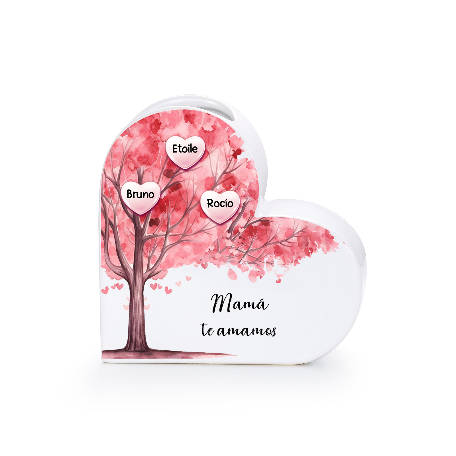 Jarrón de cerámica con forma de corazón personalizado con diseño de árbol genealógico, personalizable con 1 a 12 nombres de pila