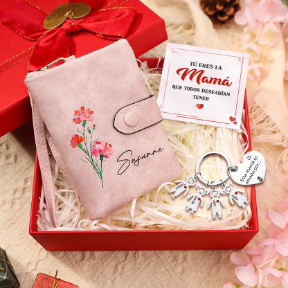 A mi mamá - Kit de regalo de cartera, llavero con "4 niños", tarjeta y caja nombre y flor de nacimiento personalizados | Jessemade