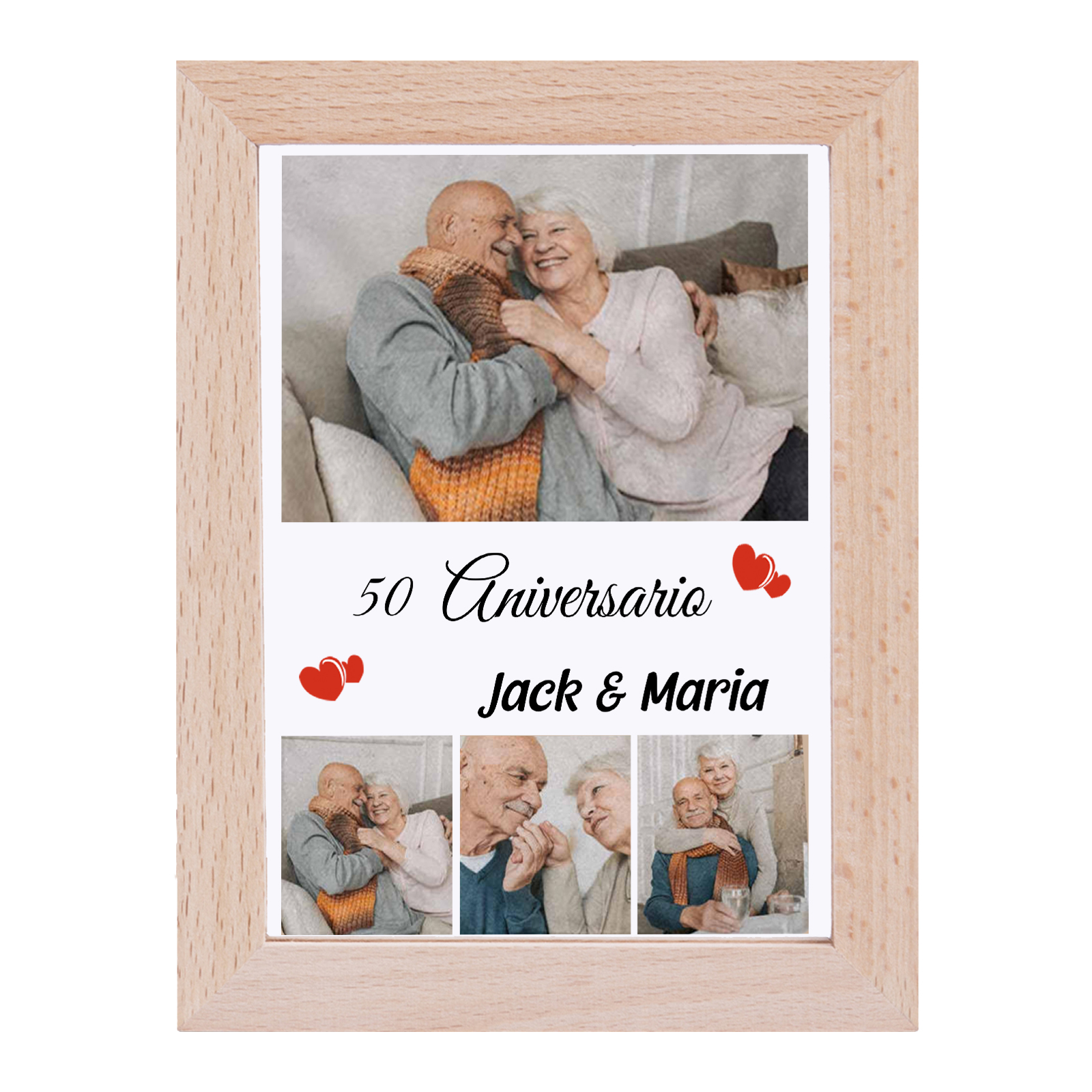 Marco con lámpara aniversario de 4 fotos de madera para pareja 2 nombres y número personalizados-Jessemade ES