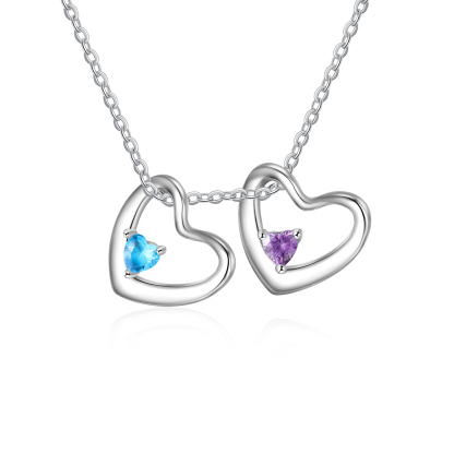 Collar colgante de corazones con 2 nombres y 2 piedras de nacimiento personalizados-Jessemade ES