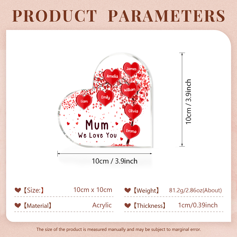 A mi mamá/abuela-Placa de acrílico "Corazones" en forma de corazón 7 nombres y 1 texto personalizados-Jessemade ES