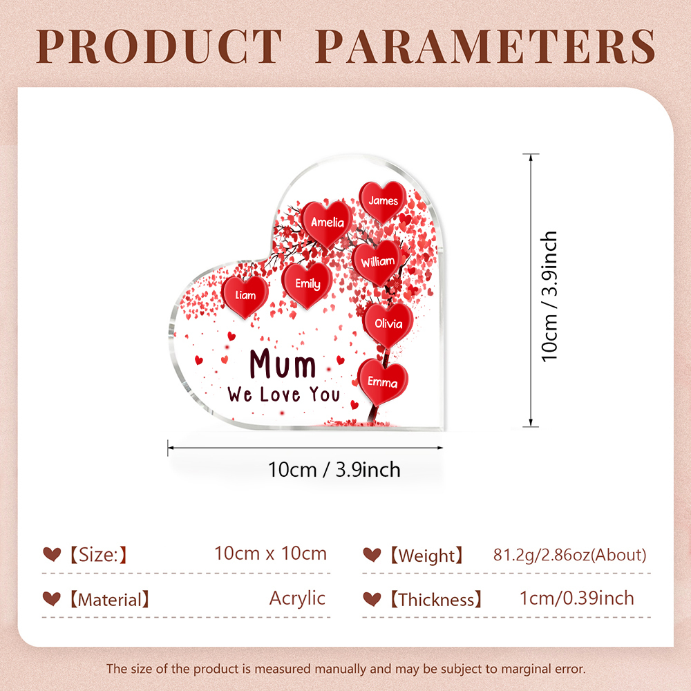 A mi mamá/abuela-Placa de acrílico "Corazones" en forma de corazón 7 nombres y 1 texto personalizados-Jessemade ES