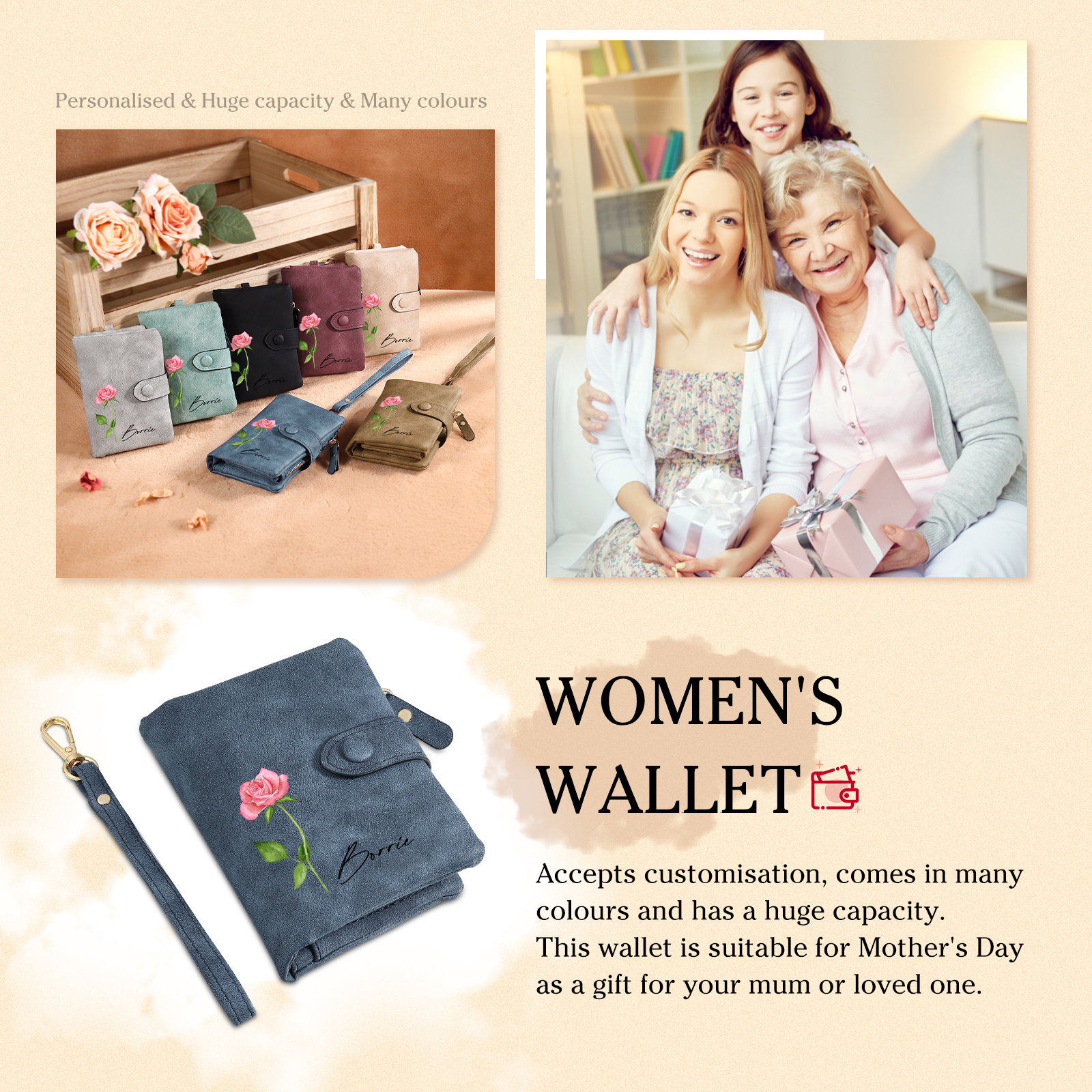 Cartera, billetera con 1 nombre y 1 flor de nacimiento personalizados monedero clásico para mujer