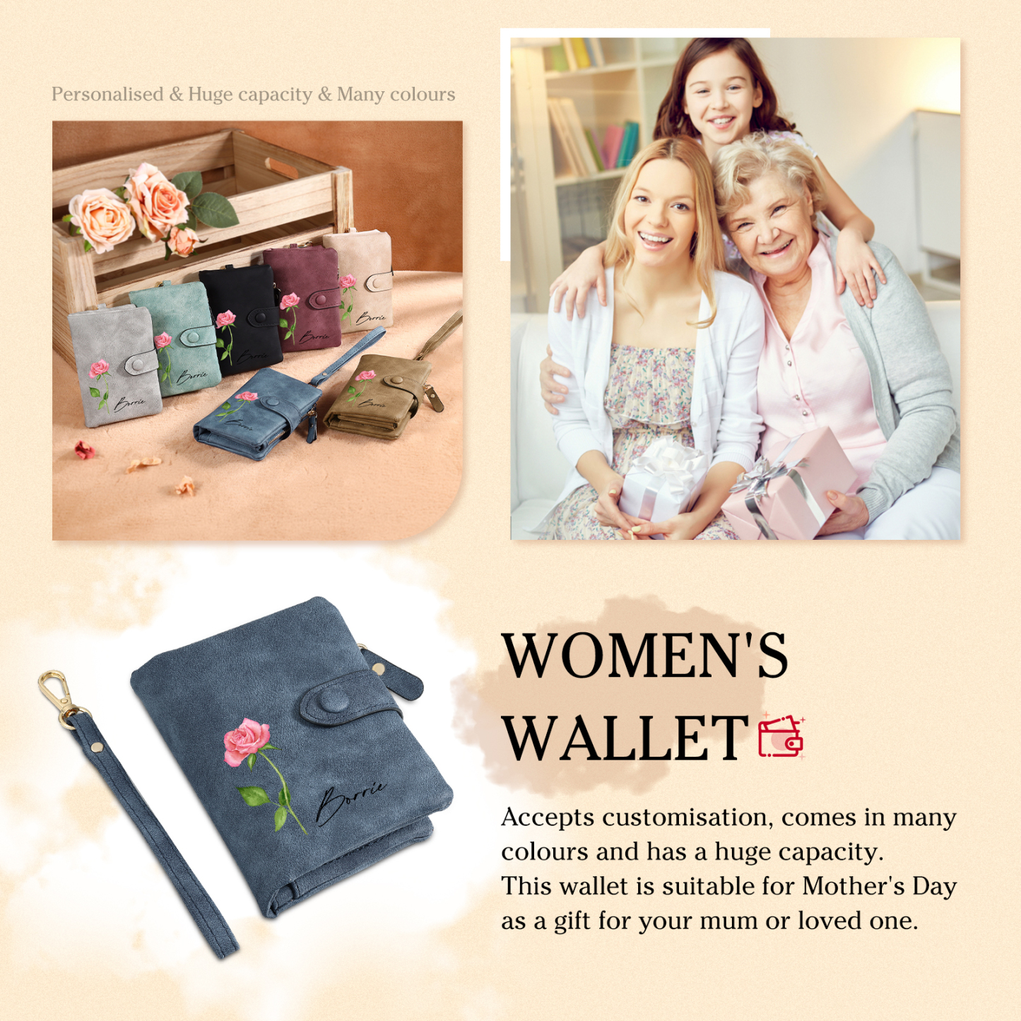 Cartera, billetera con 1 nombre y 1 flor de nacimiento personalizados monedero clásico para mujer