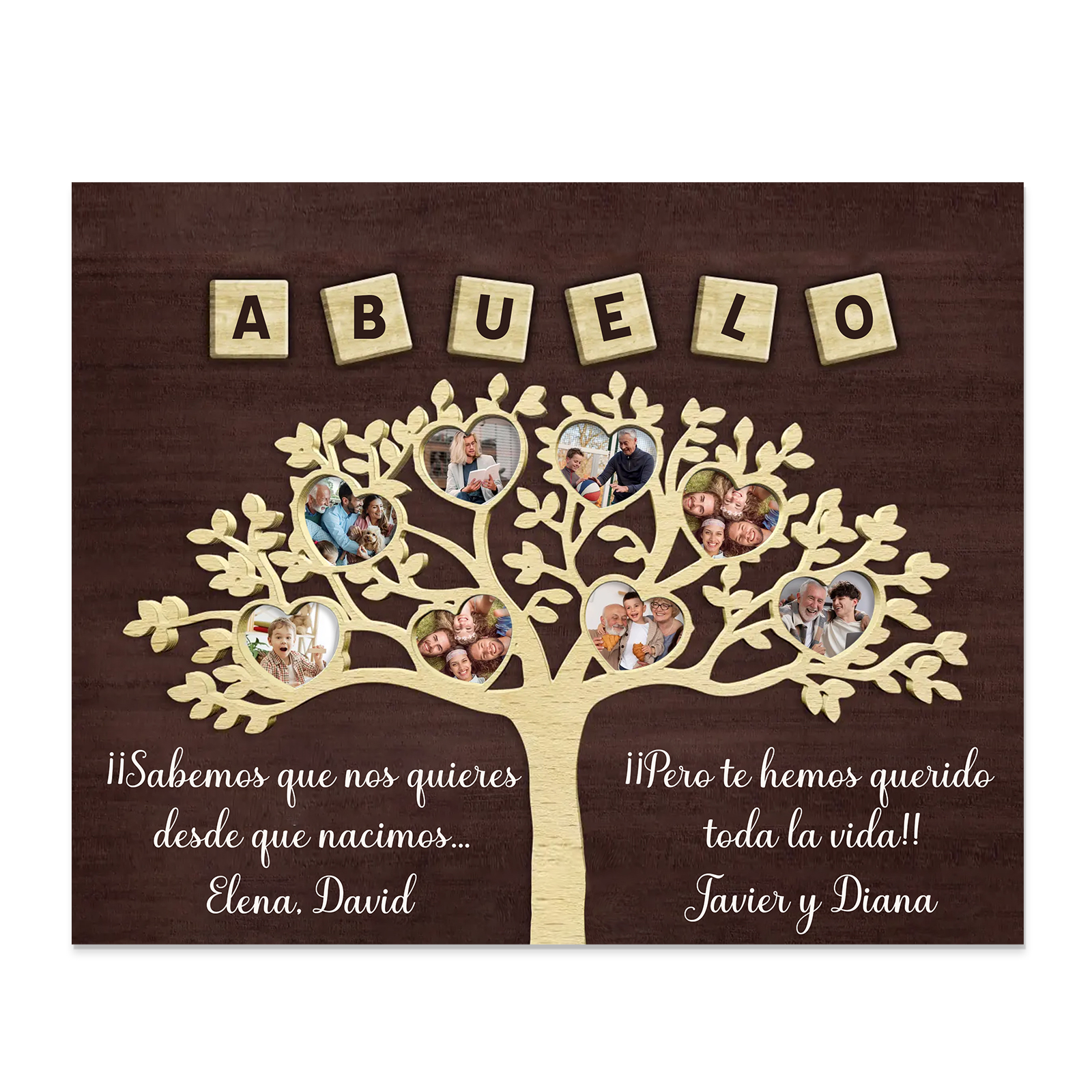 Feliz Día del Padre a mi abuelo-Lámina marco de madera 8 fotos y 2 textos personalizados con frase de amor-Jessemade ES