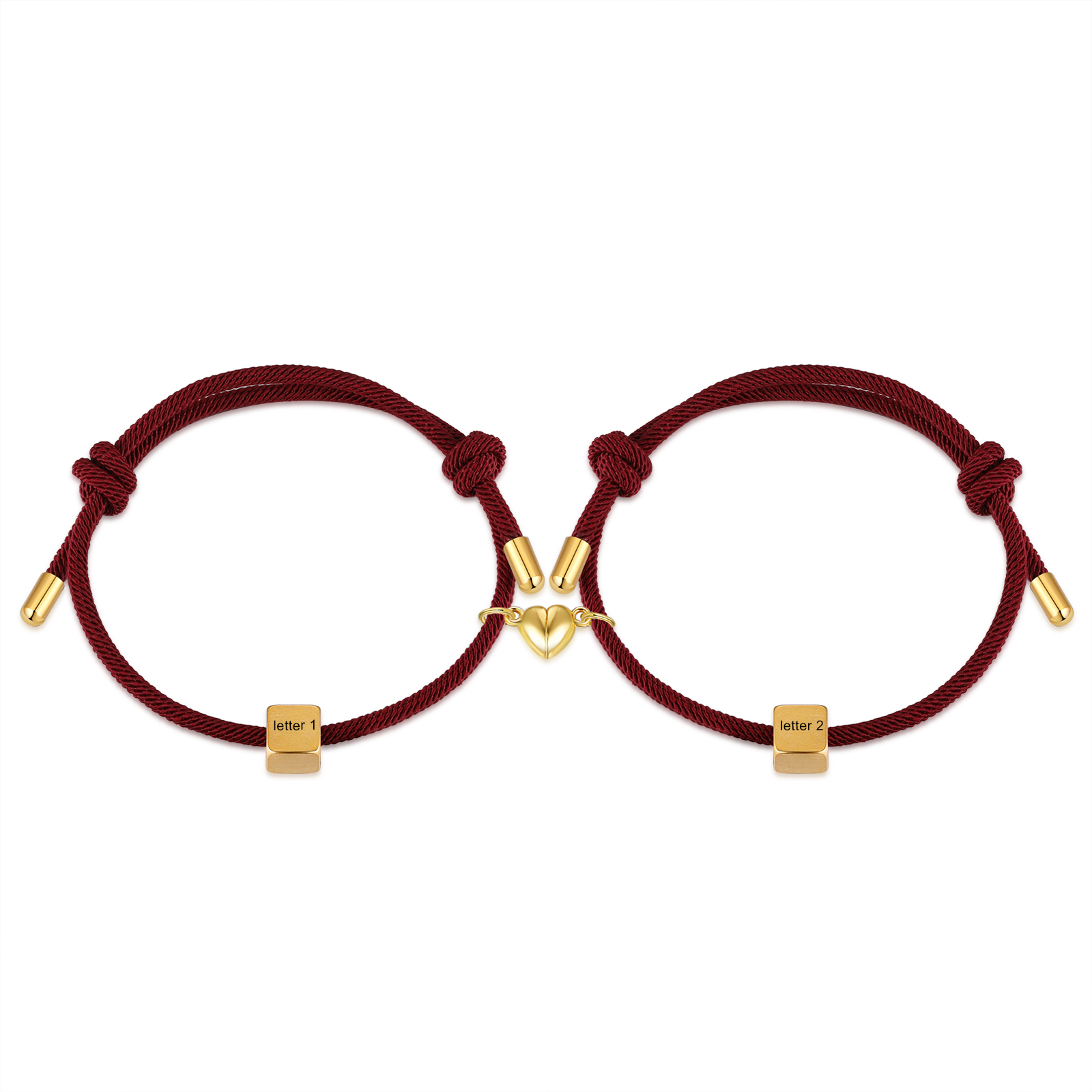 Pulseras de cuerda personalizadas para pareja con dije de corazón magnético grabado de dos letras-Jessemade ES