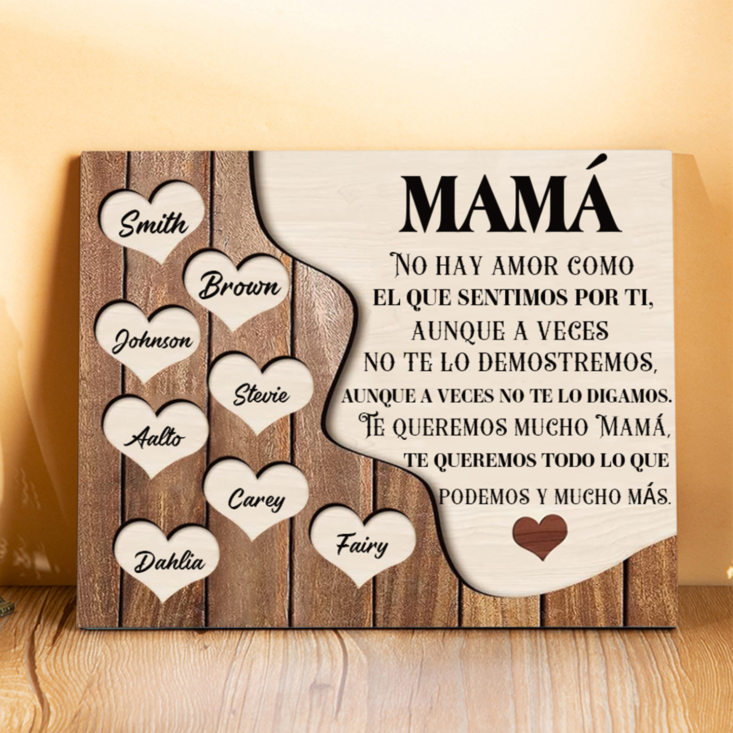 A mi mamá - Lámina 2-8 nombres personalizados marco de madera cara y corazones-Jessemade ES