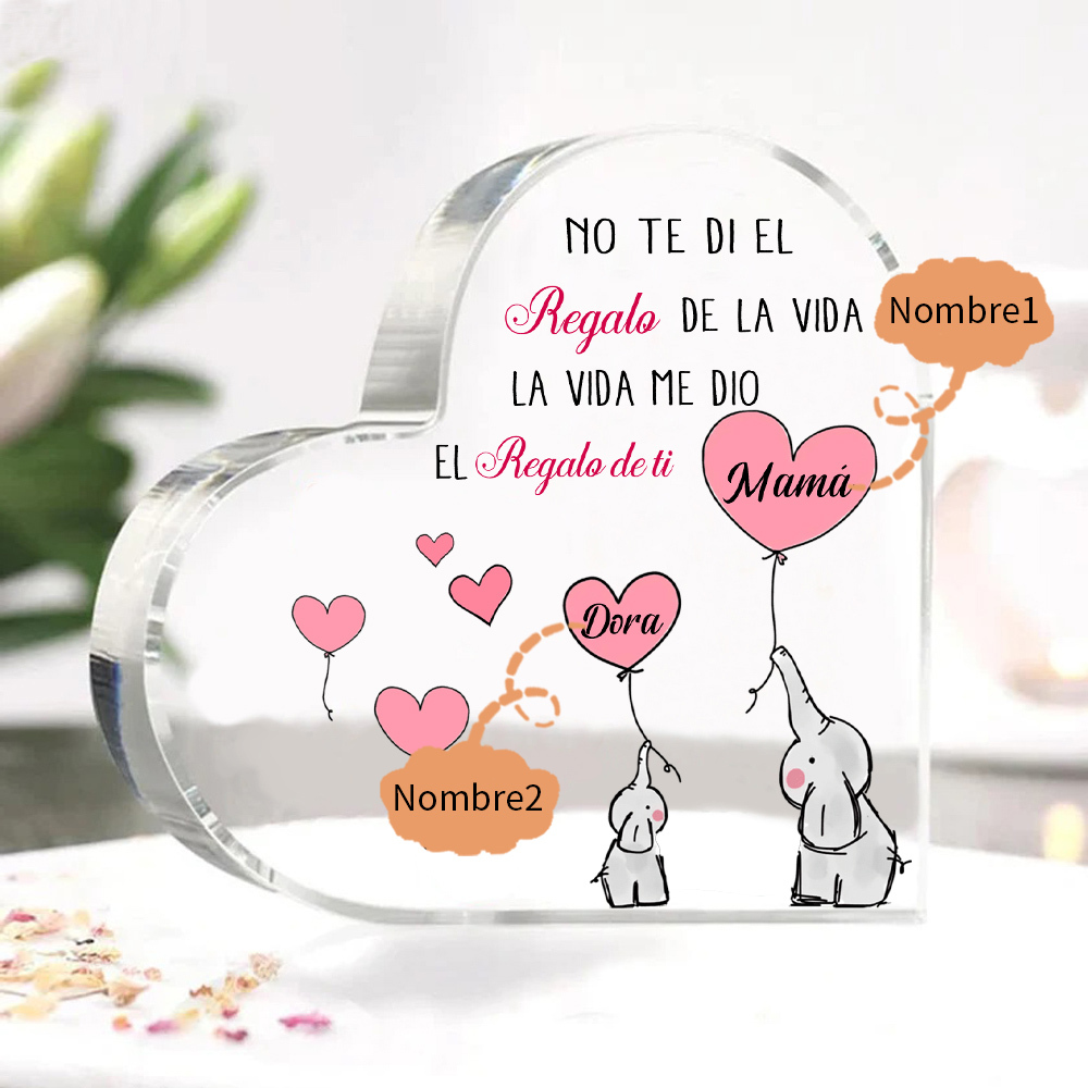 A mi mamá/abuela-Placa de acrílico en forma de corazón elefantes 2-5 nombres personalizados-Jessemade ES