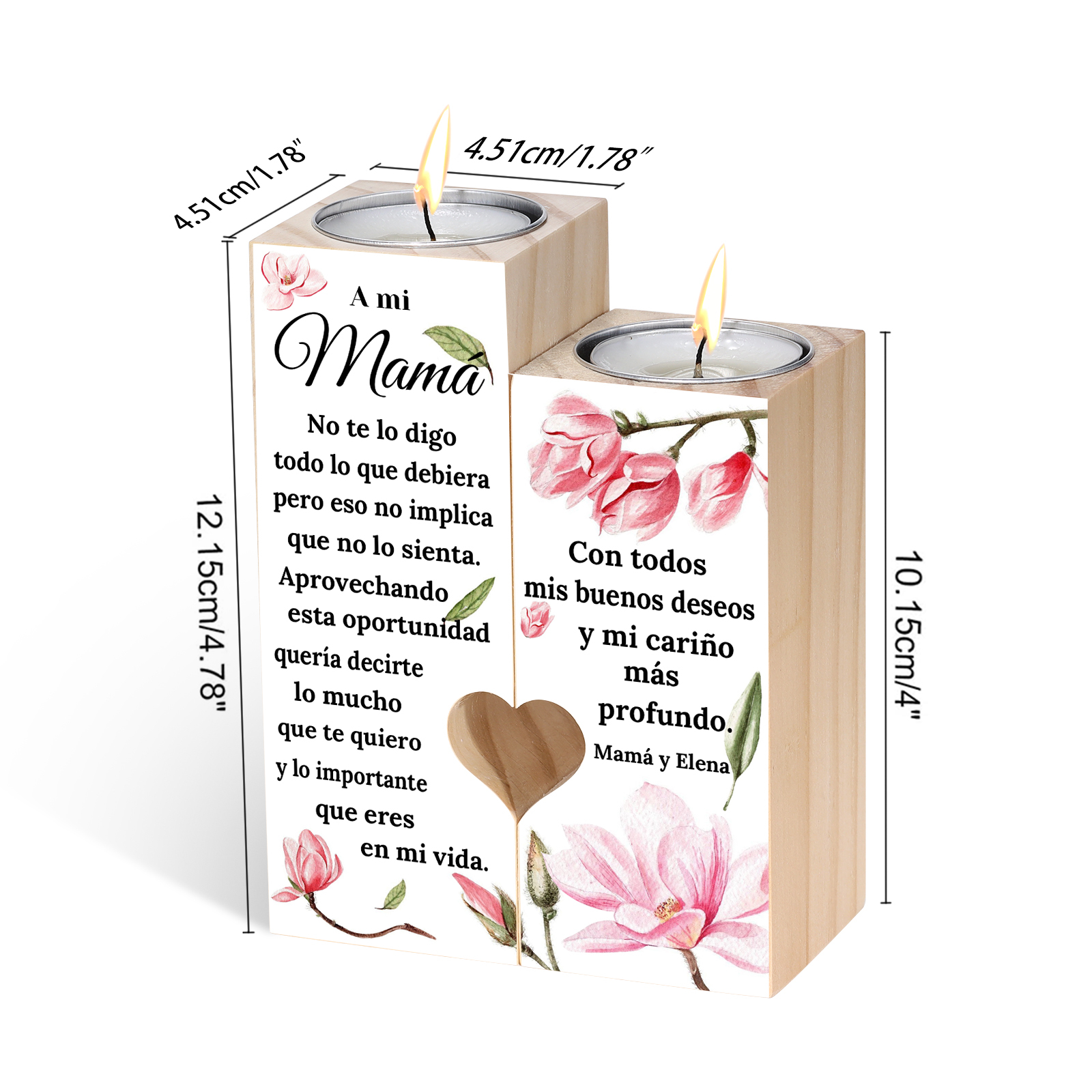A mi mamá-Candelero de madera de dos piezas sin candela flores 1 texto personalizado-Jessemade ES