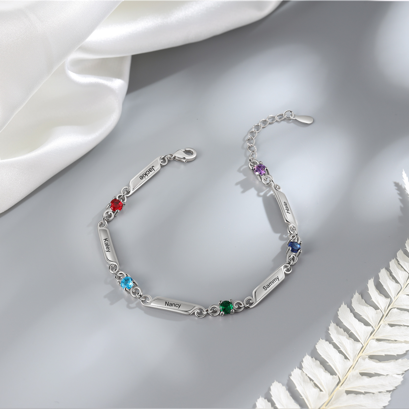 Pulsera de lazos y placitas personalizada de 5 nombres con 5 piedras de nacimiento-Jessemade ES