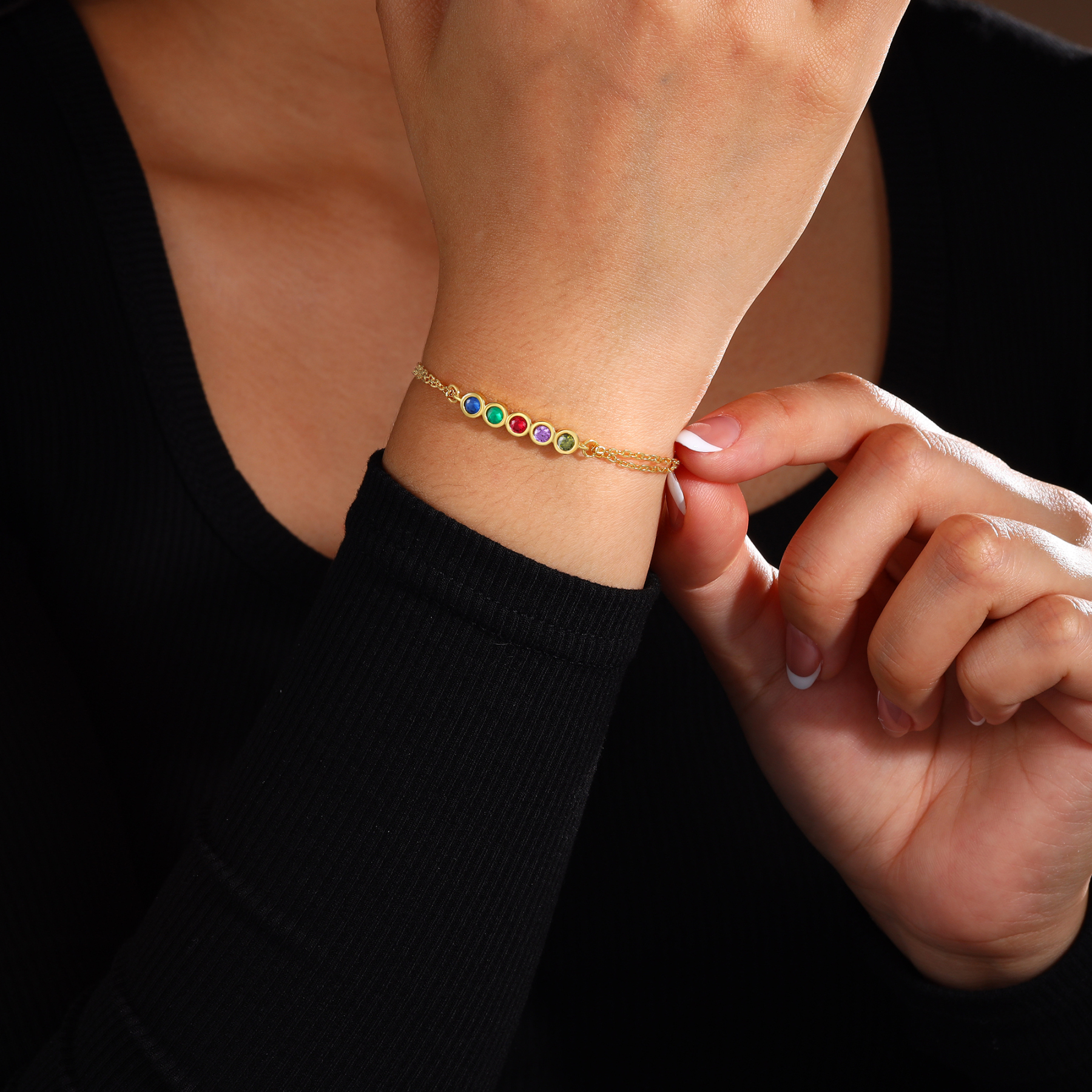 Pulsera 1-6 piedras de nacimiento personalizadas doble cadena-Jessemade ES