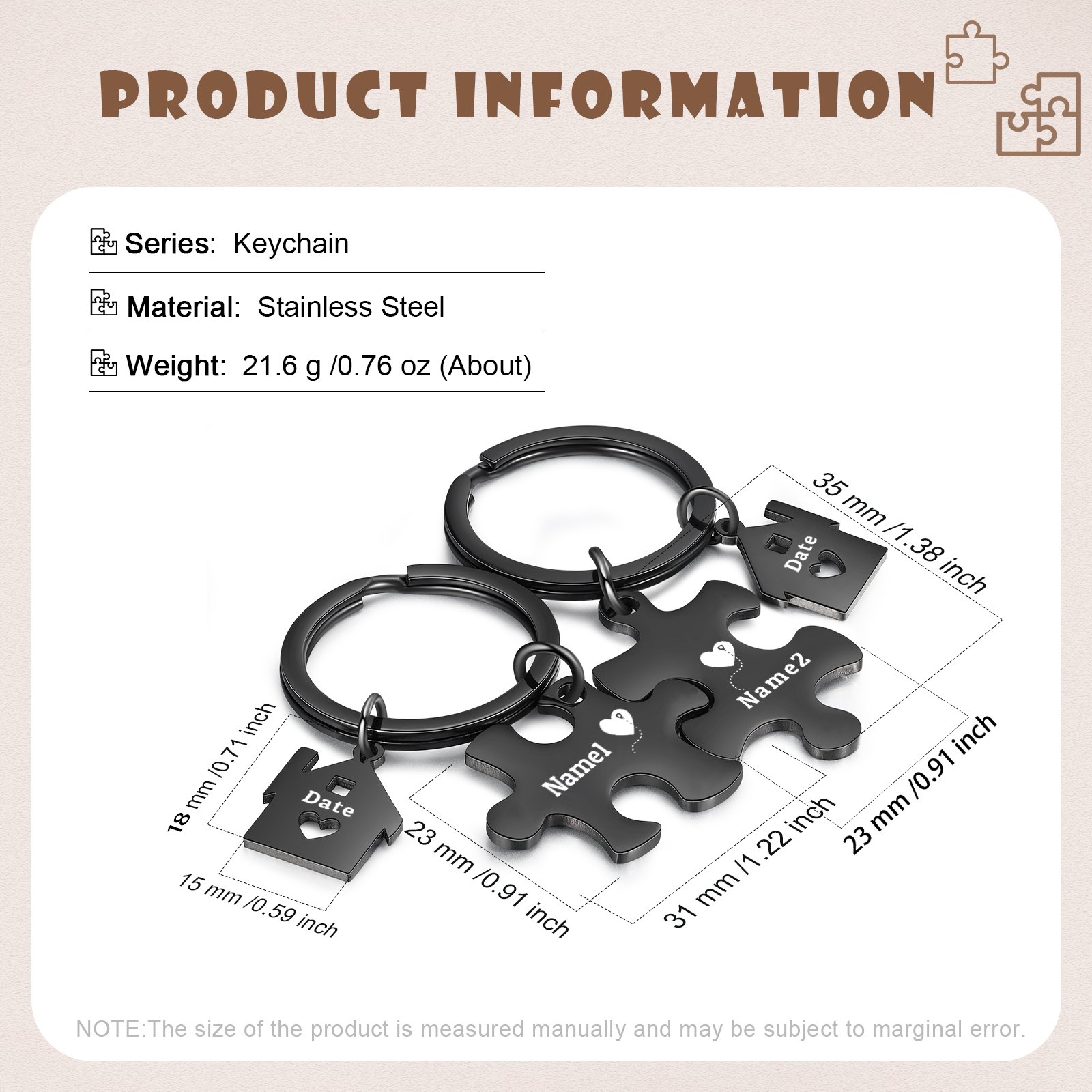 Llavero para pareja rompecabezas 2 nombres personalizados con fecha dije de casa-Jessemade ES