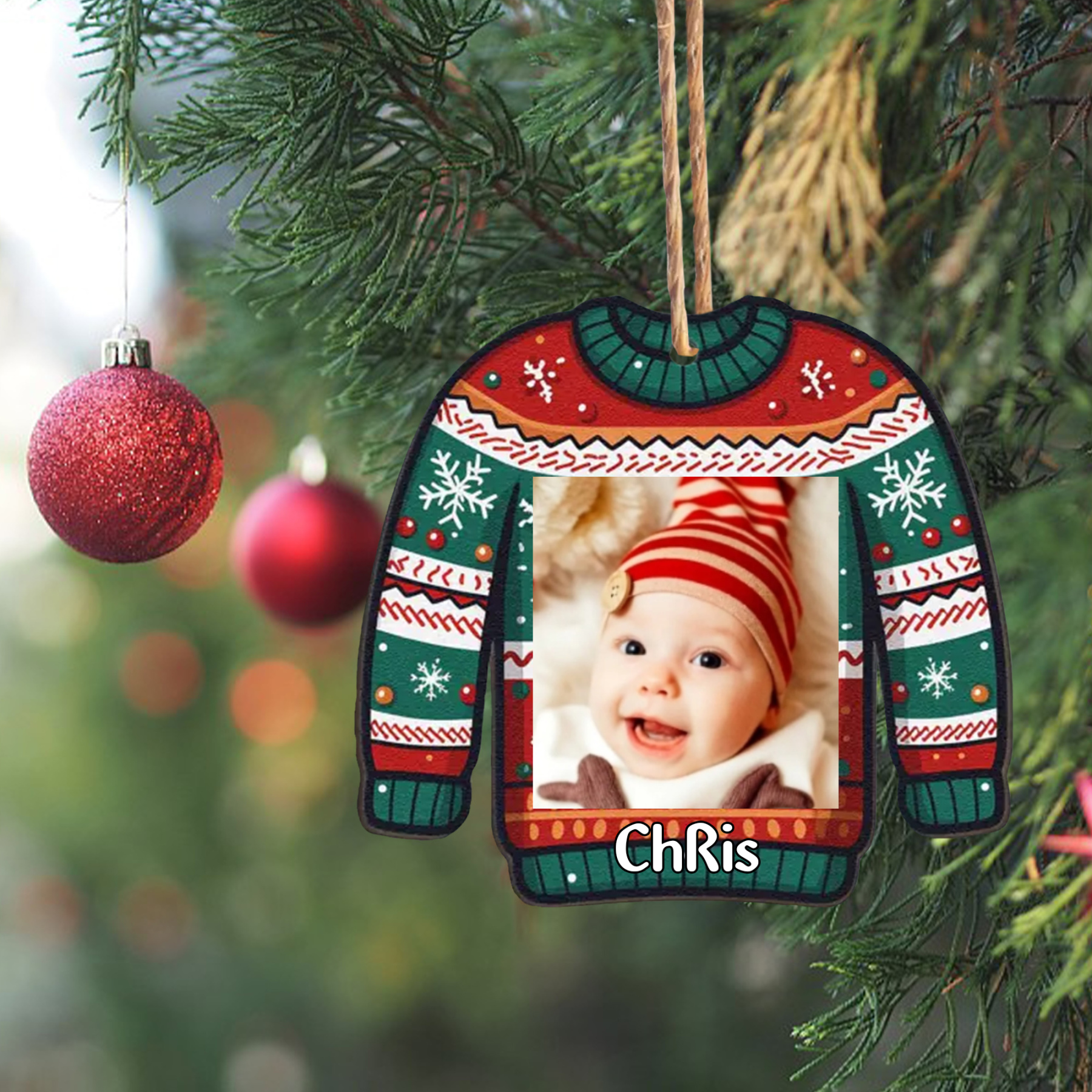 Navidad-Bebé Ornamento Navideño 1 nombre y foto personalizados en forma de suéter