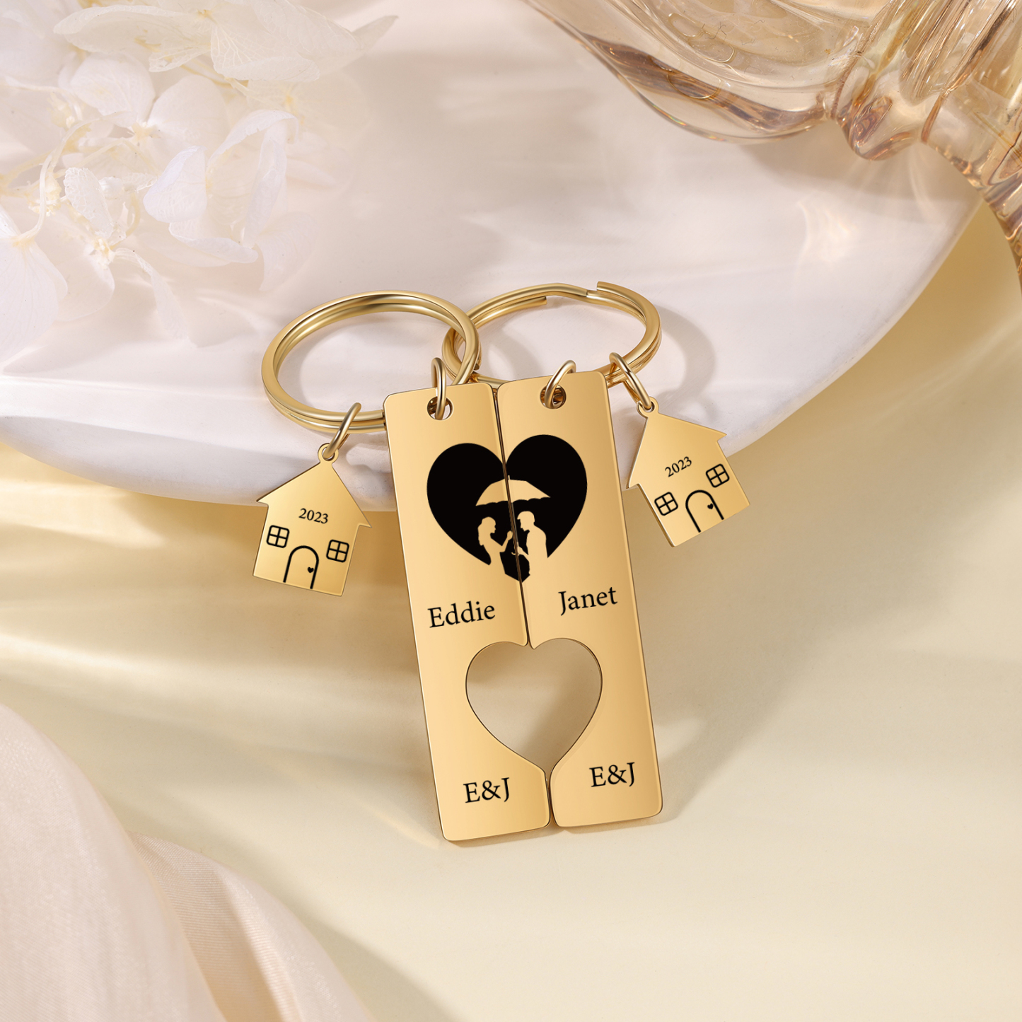 Llavero para pareja sombras 2 letras, 2 nombres personalizados con año dije de casa-Jessemade ES