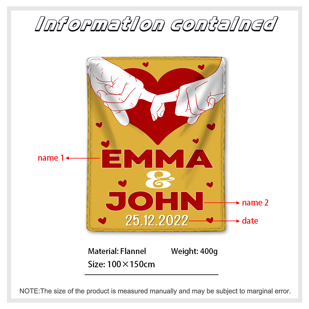 Pareja-Manta de buen calidad de dedos cogidos personalizada con nombres y fecha-Jessemade ES