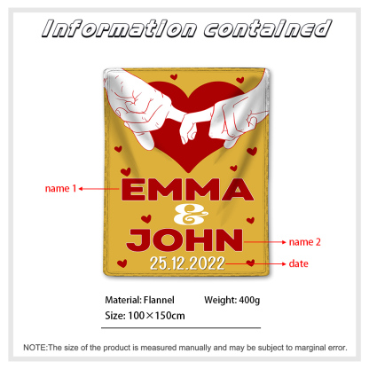Pareja-Manta de buen calidad de dedos cogidos personalizada con nombres y fecha-Jessemade ES