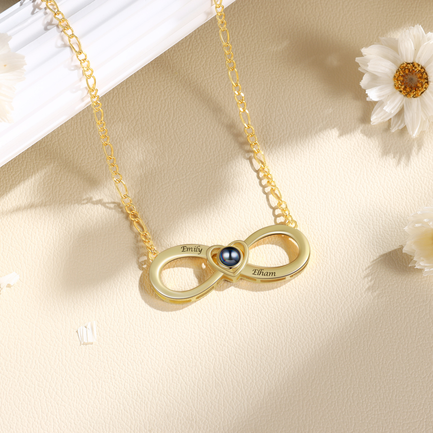 Collar con colgante de infinito con foto proyección y 2 nombres personalizados-Jessemade ES