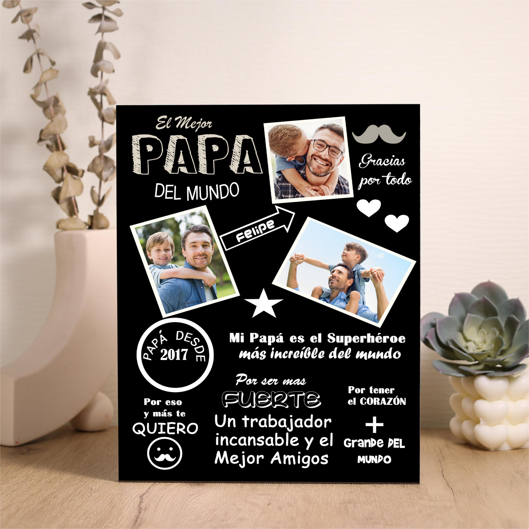 A mi papá - Lámina marco de madera 1 nombre y 1 año personalizados con 3 fotos-Jessemade ES