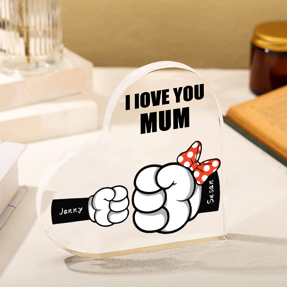 A mi mamá/abuela-Placa de acrílico "Puños" en forma de corazón 2 nombres y 1 texto personalizados-Jessemade ES