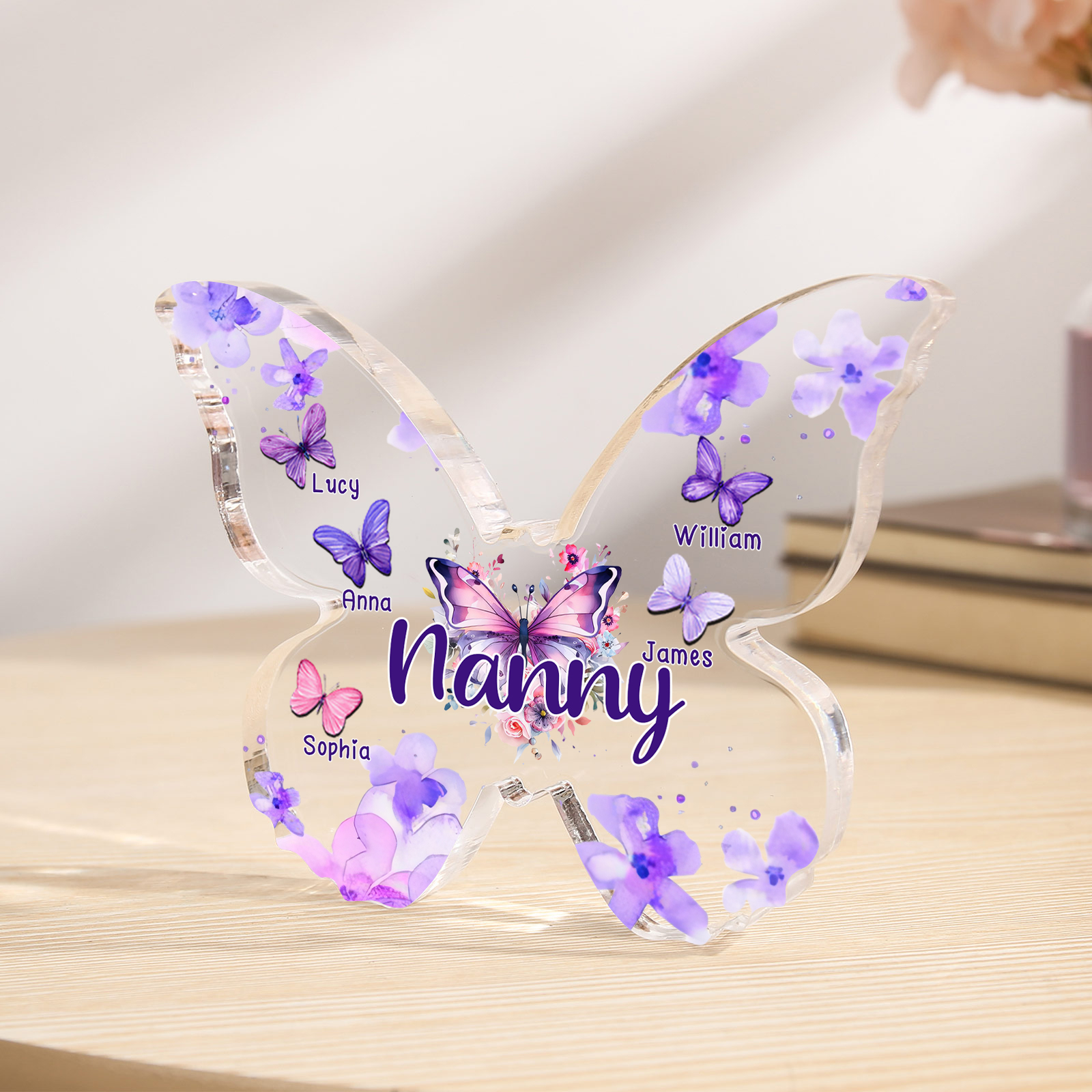 A mi mamá/abuela-Placa de acrílico "Mariposas" en forma de mariposa 5 nombres y 1 texto personalizados-Jessemade ES