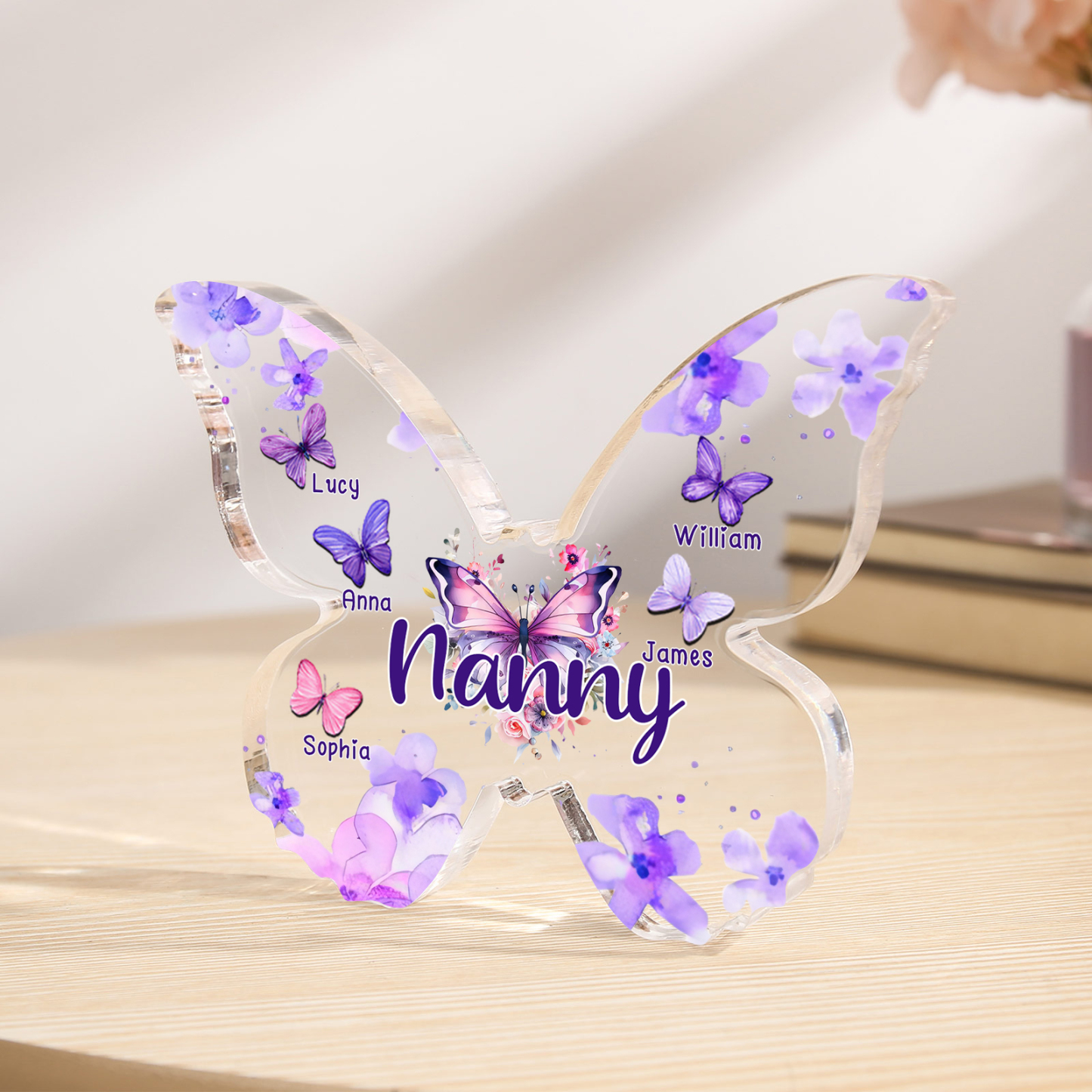 A mi mamá/abuela-Placa de acrílico "Mariposas" en forma de mariposa 5 nombres y 1 texto personalizados-Jessemade ES