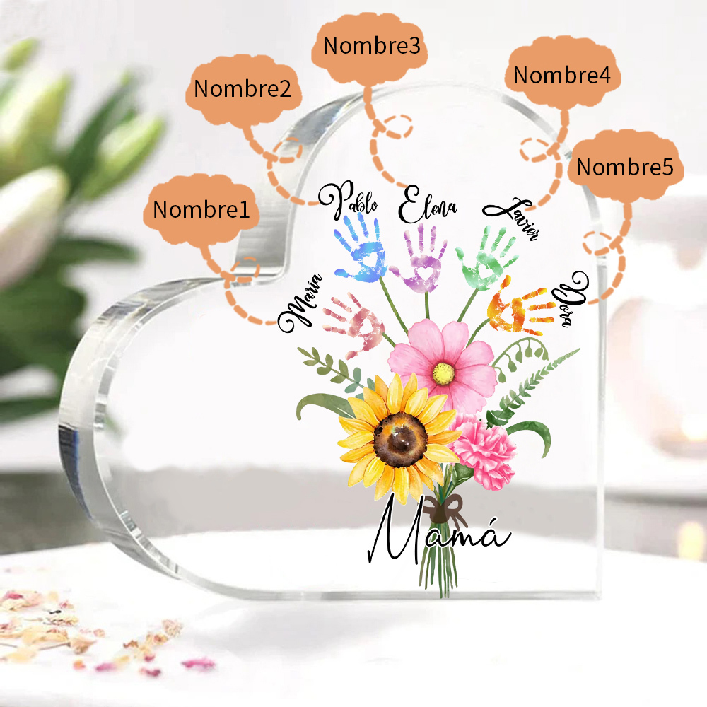 A mi mamá-Placa de acrílico en forma de corazón flor y manitas 1-5 nombres personalizados-Jessemade ES