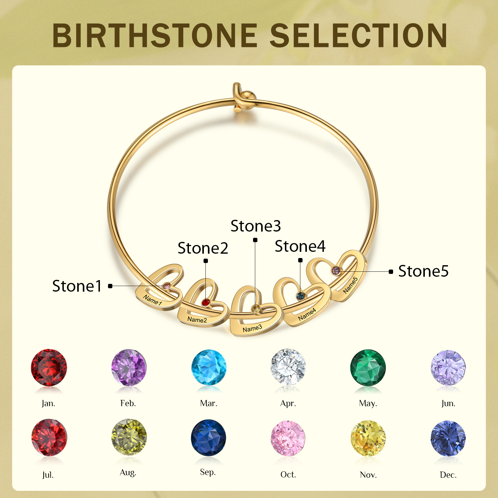 Pulsera 2-6 nombres y piedras de nacimiento personalizados con colgantes de corazón oro-Jessemade ES