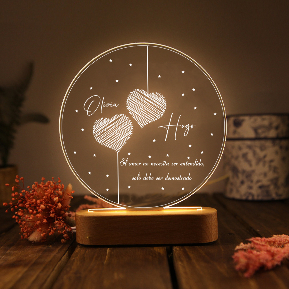 Valentín-Lámpara Ilusión 3D Luz de Noche LED Dos Corazones Acercándose con 2 Nombres Personalizados-Jessemade ES