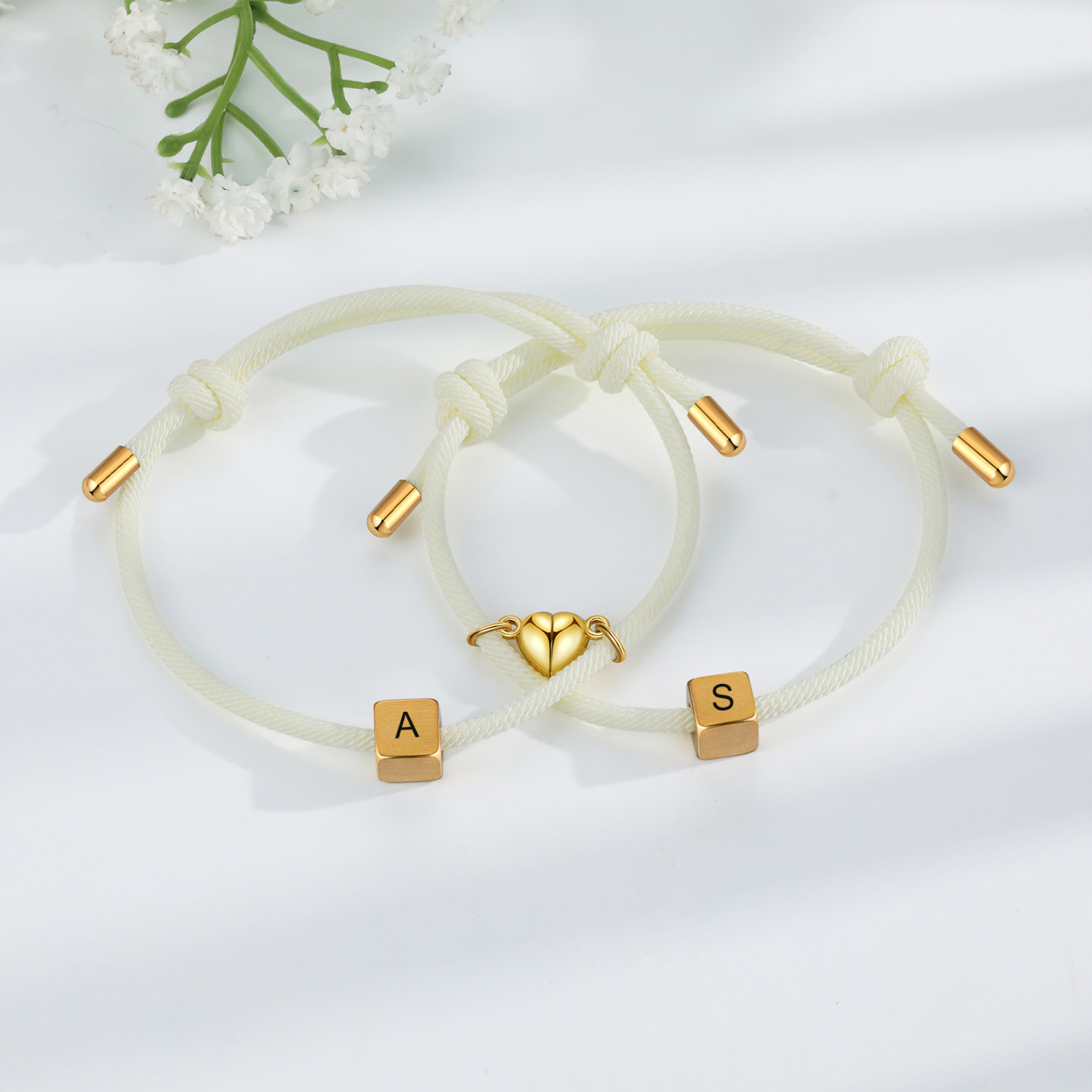 Pulseras de cuerda personalizadas para pareja con dije de corazón magnético grabado de dos letras-Jessemade ES
