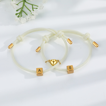 Pulseras de cuerda personalizadas para pareja con dije de corazón magnético grabado de dos letras-Jessemade ES