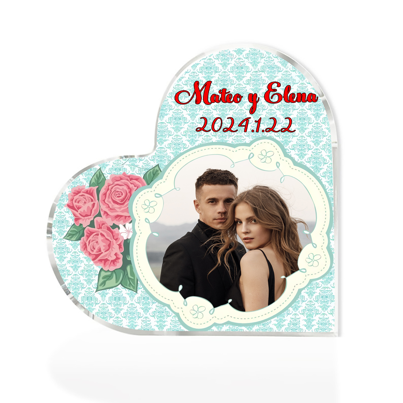 Placa de acrílico en forma de corazón con fecha, texto y foto personalizados-Jessemade ES