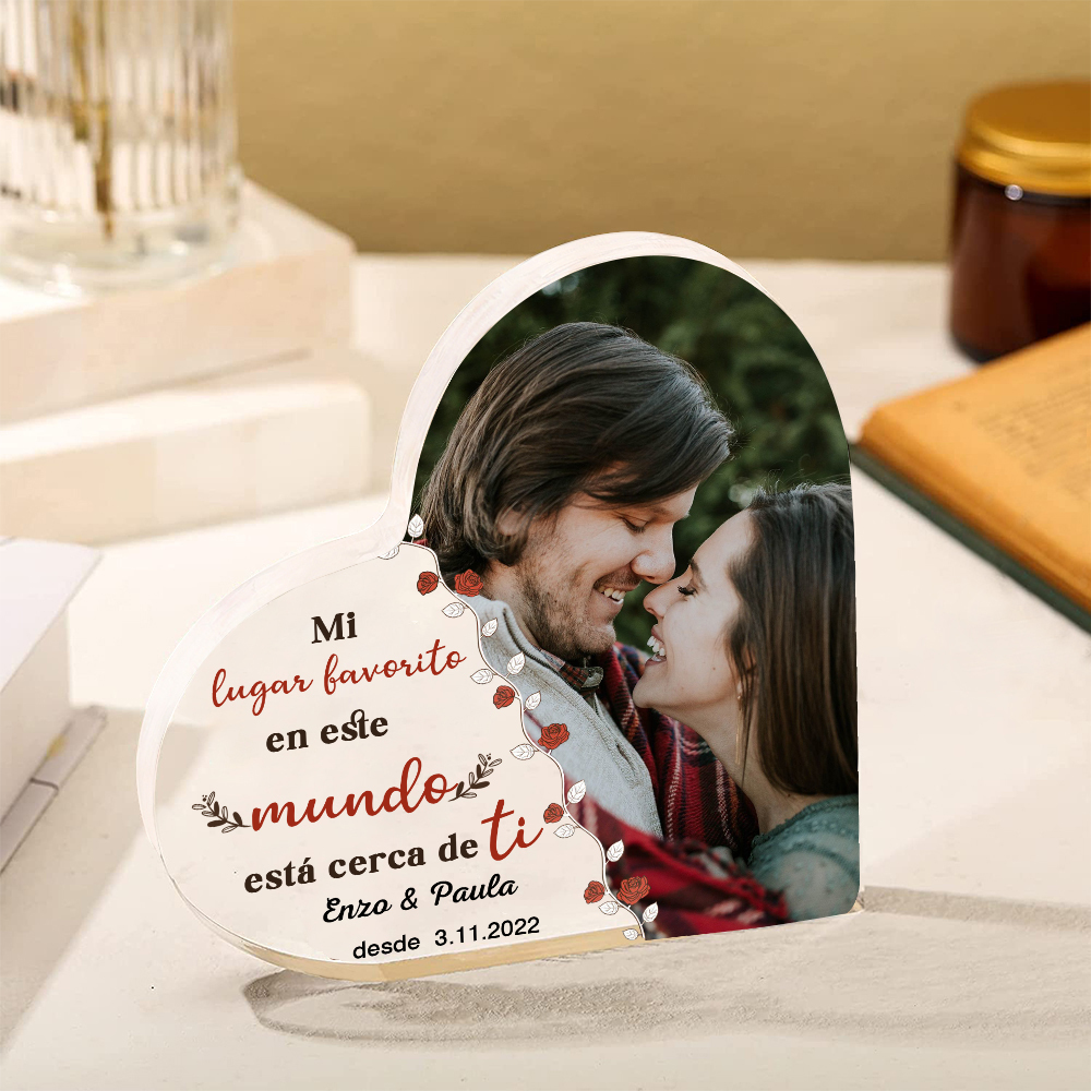 Placa de acrílico en forma de corazón con foto y 2 textos personalizados-Jessemade ES
