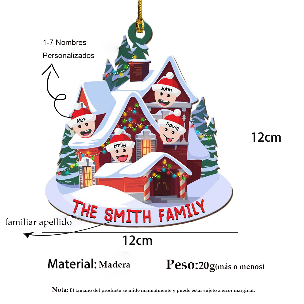 Navidad-Ornamento con muñecos casa acogedora de madera con 2 nombres y apellido personalizados adorno de árbol