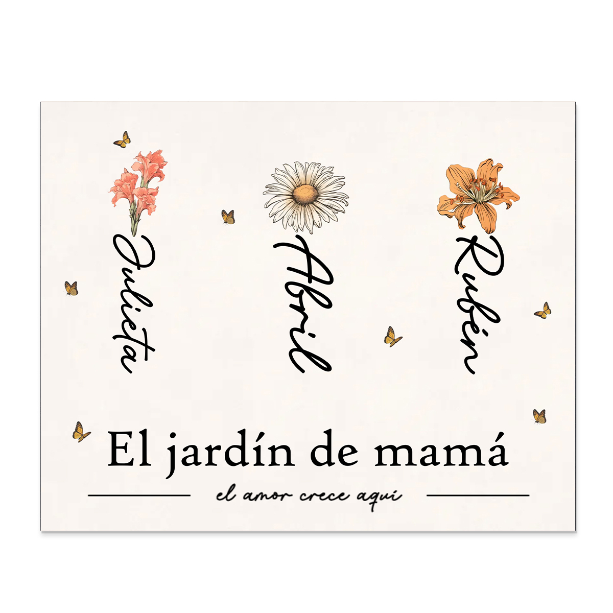 A familia - Lámina 1-12 nombres y flores personalizados con 1 texto marco de madera-Jessemade ES