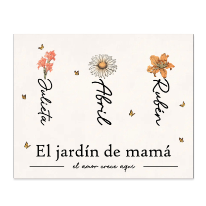 A familia - Lámina 1-12 nombres y flores personalizados con 1 texto marco de madera-Jessemade ES