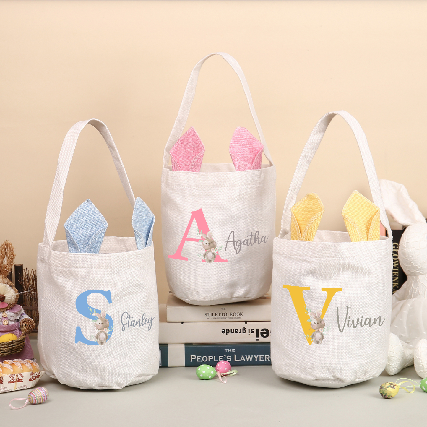 Pascua-Bolsa de conejo con 1 nombre y 1 letra personalizados-Jessemade ES