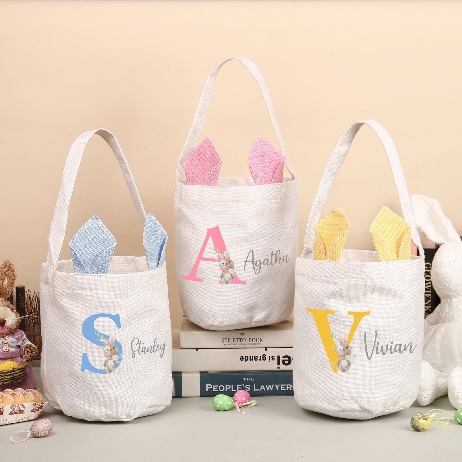 Pascua-Bolsa de conejo con 1 nombre y 1 letra personalizados-Jessemade ES