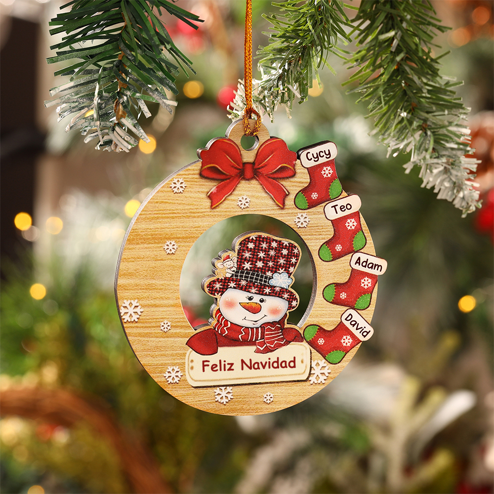 Navidad-Ornamentos Navideños de Madera Muñecos de Nieve y Calcetines 4 Nombres con Texto Personalizados-Jessemade ES