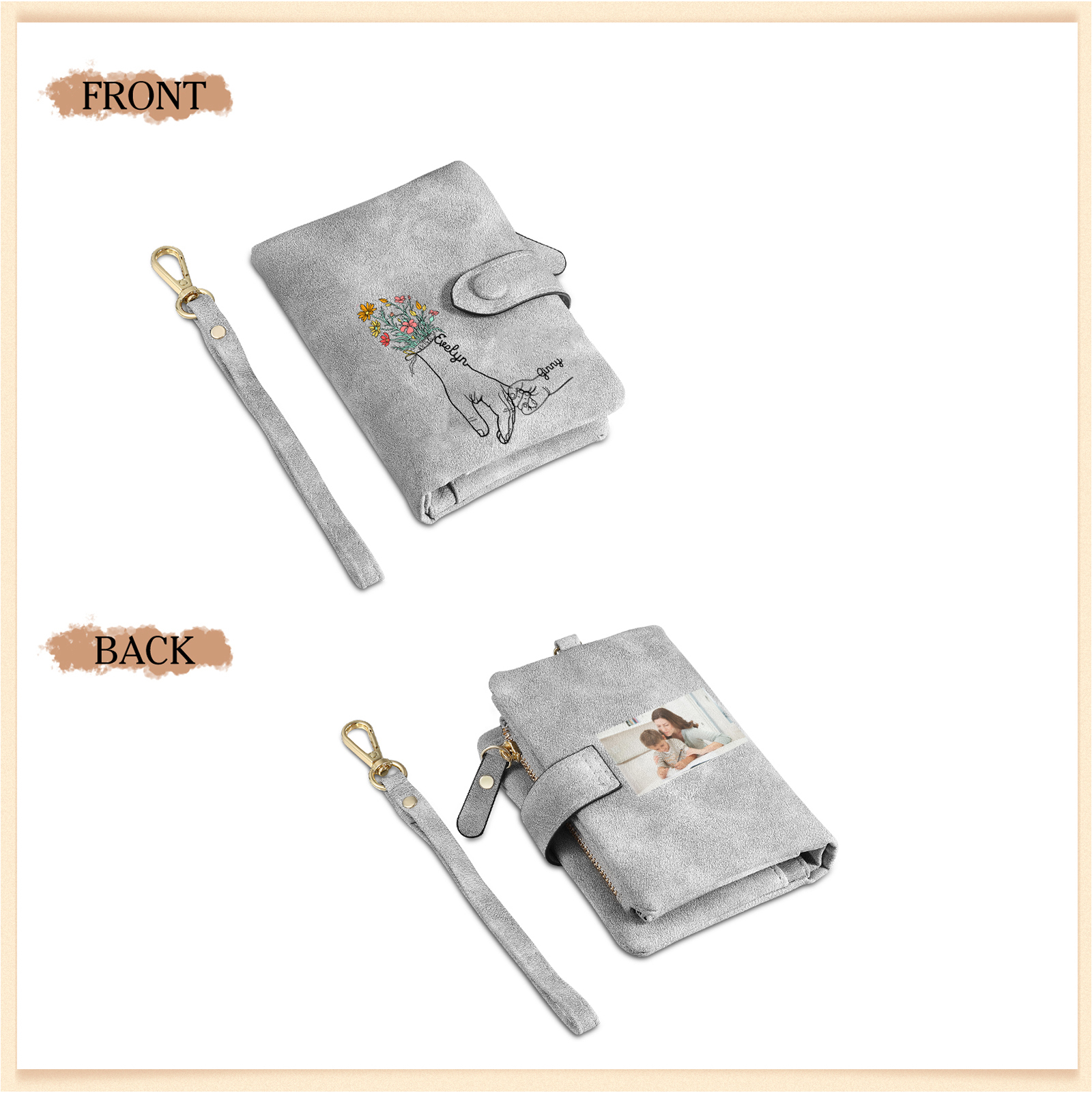 Cartera, billetera con 2 nombres y 1 foto personalizados mano con manito monedero clásico para mujer-Jessemade ES