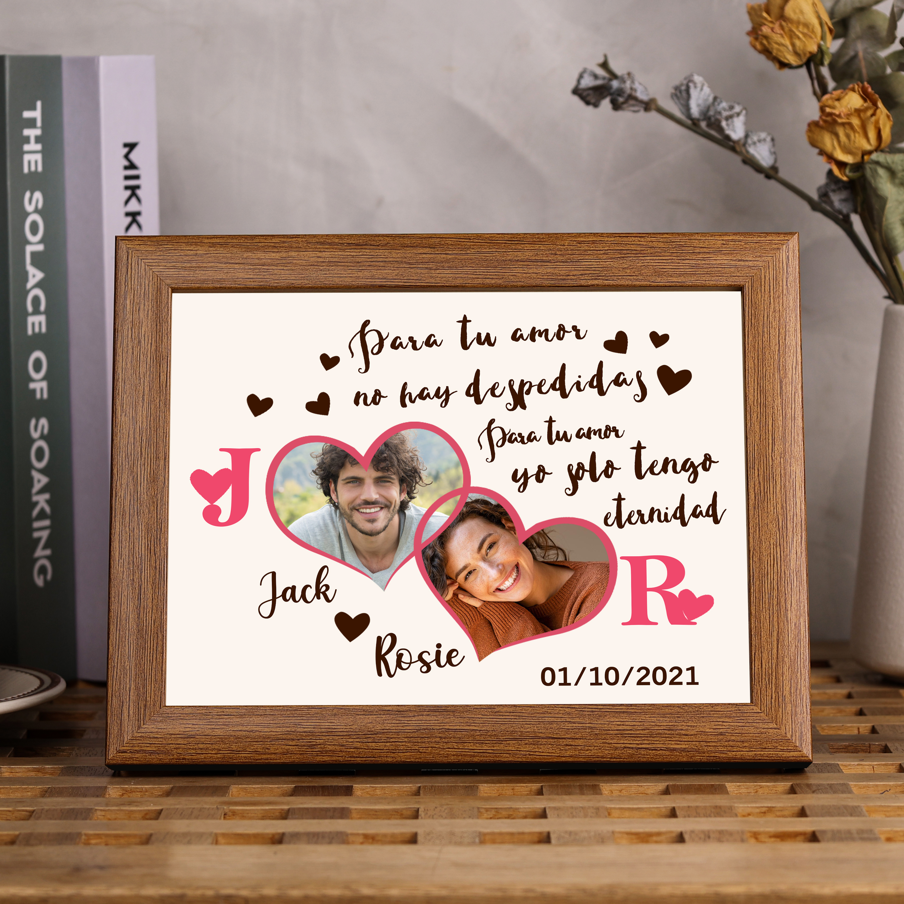 Marco de 2 fotos de madera para pareja 2 nombres, 2 letras y fecha personalizados  | Jessemade