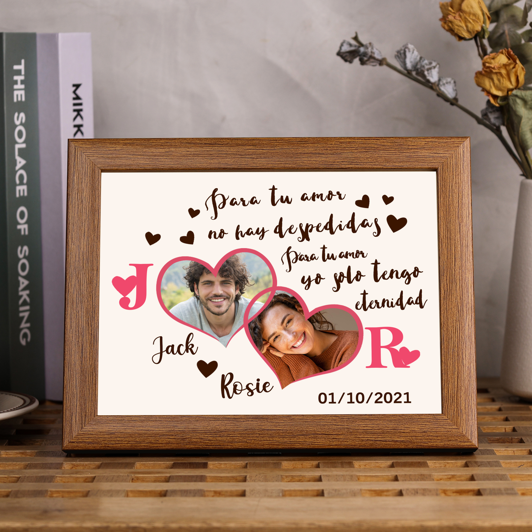 Marco de 2 fotos de madera para pareja 2 nombres, 2 letras y fecha personalizados  | Jessemade